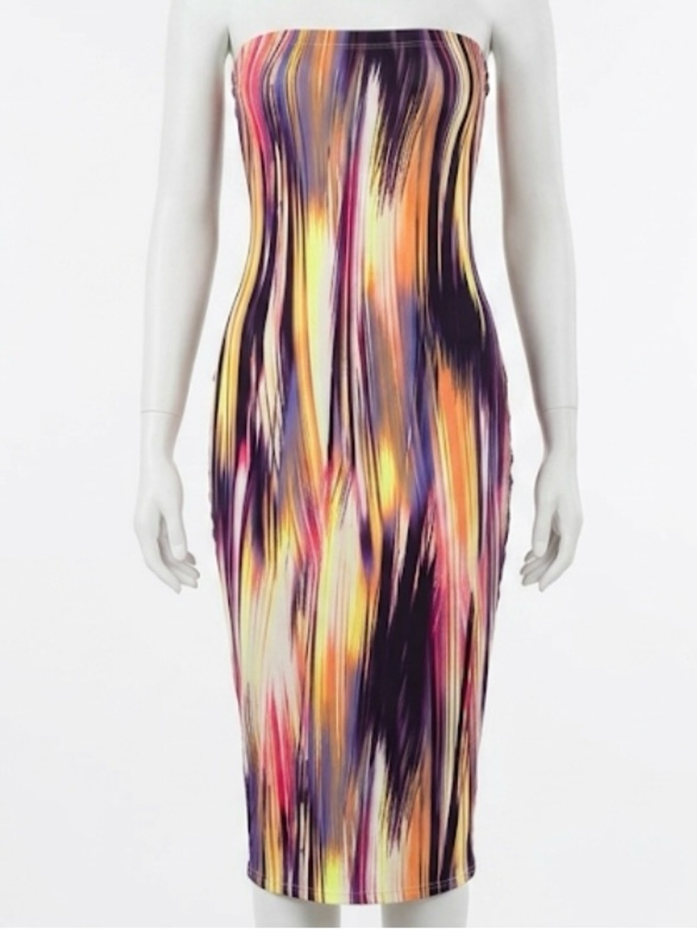 Fashion Nova Strapless Midi Dress in Purple, Neon and Pink Brushstroke Print